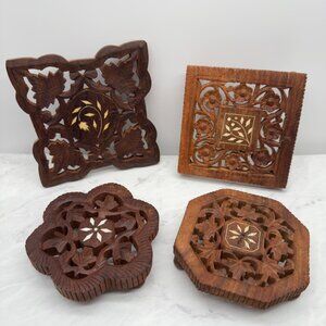 4 Vintage Hand Carved Wood Trivets Hot Plate Footed Plant Stand Made in India